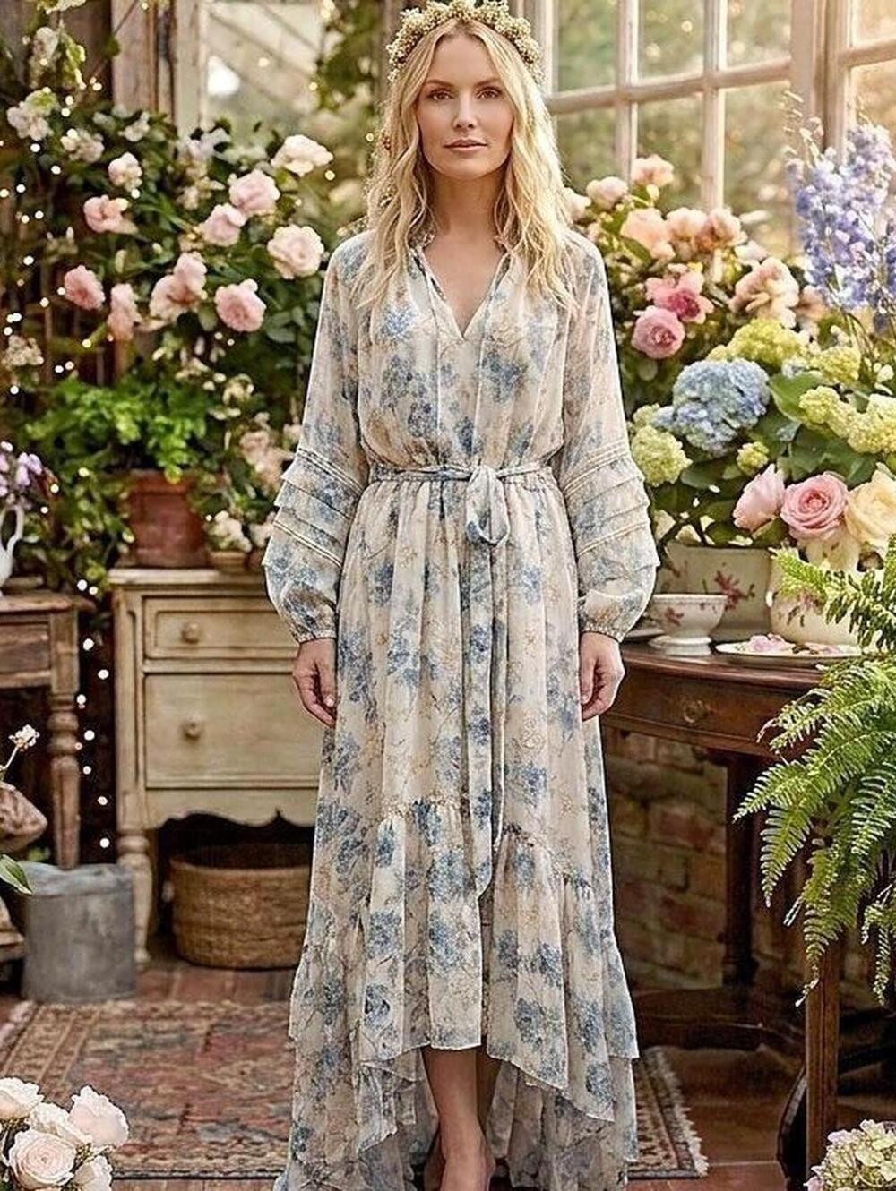 BCBGMAXAZRIA, floral maxi dress, blue floral, romantic dress,